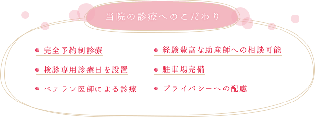 当院の診療へのこだわり　・完全予約制診療　・検診専用診療日を設置　・ベテラン医師による診療　・経験豊富な助産師への相談可能　・駐車場完備　・プライバシーへの配慮